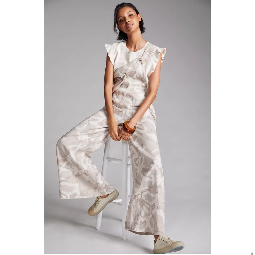 Anthropologie Maeve Wide Leg Linen Printed Tie Overalls Ivory Beige Flower Small